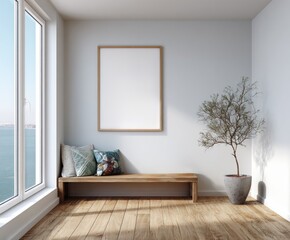 A corner nook with a light-filled view, featuring a wooden bench, decorative pillows, and a simple plant, perfect for a minimalist aesthetic.