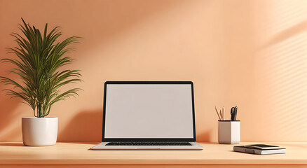 A minimalist desk setup featuring a laptop, potted plant, and stationery against a warm, peach-colored wall.