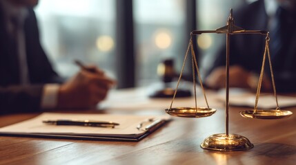 Scales of justice sit on a wooden desk in an office documents and attorneys are visible