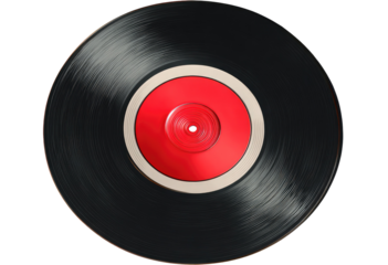 Close-up of a vinyl record, black with a red center and cream-colored ring