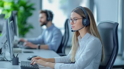 Young woman with headset working computer modern office, customer service team focused and professional, smiling woman customer service - Powered by Adobe