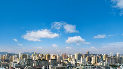 Urban skyline with numerous buildings under a clear blue sky