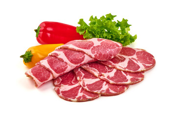 Capocollo Slices, Red Yellow Bell Peppers, Lettuce, isolated on white background