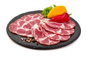 Capocollo Slices, Peppers, Lettuce, on Slate, isolated on white background