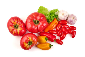 Tomatoes Peppers Garlic Lettuce, isolated on white background