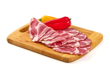 Capocollo. Sliced Pork Peppers, Wooden Cutting Board, Isolated On White Background