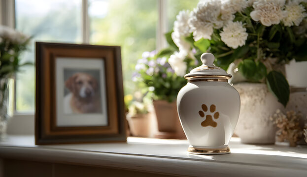 A serene home setting featuring a pet urn and a framed photo, symbolizing love and remembrance for cherished pets.