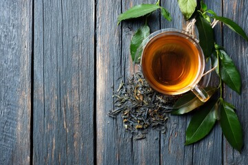 Tea in a glass cup on weathered wood with leaves and loose tea scattered around the cup