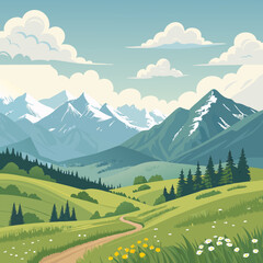 Inspiring mountain vista unfolds with rolling green hills, a winding path, and snow-capped peaks under a vast, cloudy sky