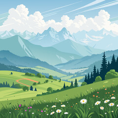 Vibrant alpine meadow bursts with wildflowers overlooking majestic mountain range under a bright blue sky with fluffy clouds