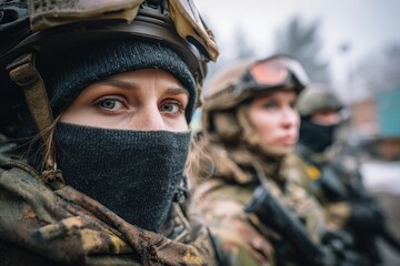 Close-up of two female soldiers in camouflage gear