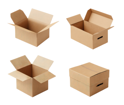 Four open cardboard boxes arranged in a grid.  Each box shows the interior and flaps