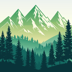 Fototapeta premium Serene mountain landscape unfolds with majestic snow-capped peaks, lush evergreen forests, and a calming gradient sky, perfect for nature-themed projects.