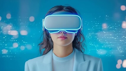 Woman with virtual reality headset exploring futuristic technology, digital innovation, immersive blue background, confident modern expression - Powered by Adobe