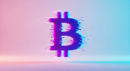 Futuristic glitch bitcoin symbol on gradient background digital art