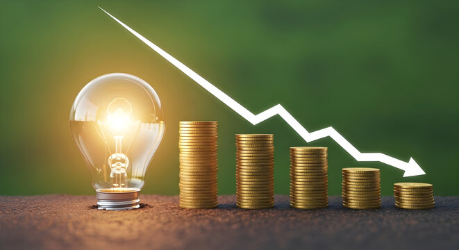 Cutting costs with bright ideas decreasing expenses shown with a light bulb and falling money stacks