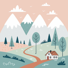Fototapeta premium Charming mountain village scene with a cozy cottage nestled amidst rolling hills and snow-capped peaks, perfect for peaceful escapism.