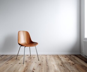 A modern, minimalist room setting showcasing a single wooden chair against a plain white wall and light brown wooden floor.