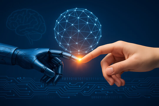 A human hand and a blue futuristic robotic hand touching with a glowing light, symbolizing a bridge between humanity and advanced artificial intelligence, with a brain outline in the background