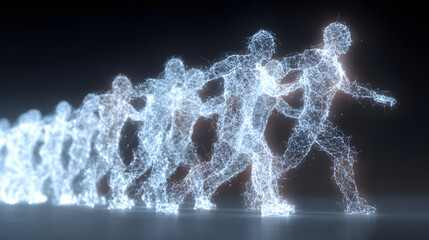 Seamless team of diverse people connected by glowingthreads of light symbolizig effortless cooperation tamwork and mutual support