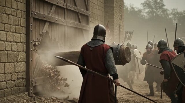 Medieval Siege Soldiers Attacking Castle Gate