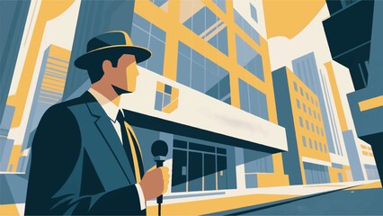 Illustration of Journalist in Front of a News Building Design Template with City Background