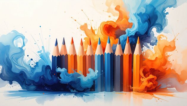 A row of colored pencils blends into a swirling watercolor background of orange and blue, creating an abstract, artistic, and visually stimulating composition