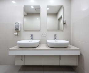 A modern, minimalist bathroom vanity featuring two white sinks, mounted on a white cabinet, with mirrored walls and clean, bright lighting.