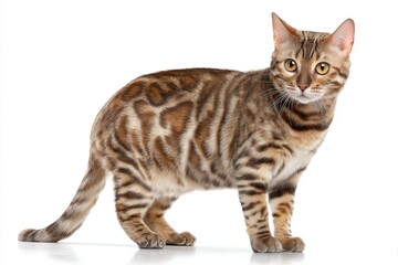 A Bengal cat stands showcasing its spotted and striped fur pattern against a white background