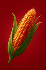 Obraz premium Vibrant close-up of fresh corn on the cob against a rich red background, showcasing its texture