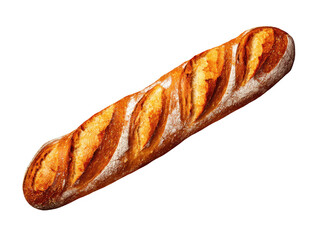 Freshly baked golden brown baguette loaf with crispy crust and soft interior isolated on black