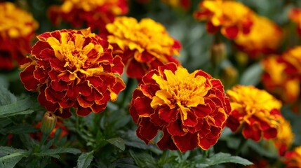 A cluster of marigold flowers in full bloom featuring red and gold petals set amidst green foliage