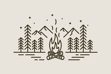 Minimalist Campfire And Mountain Vector Illustration – Line Art Forest Scene With Trees And Fire