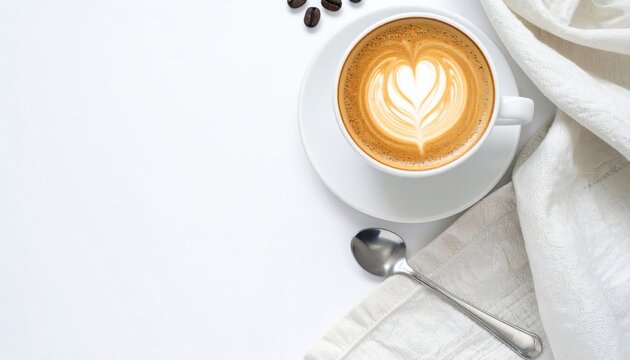 Top-down view of coffee latte art with a heart design, alongside coffee beans, a spoon, and a white cloth, set against a bright white backdrop