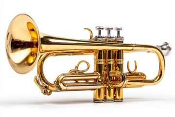 A goldcolored trumpet is seen lying horizontally on a white surface casting a faint shadow