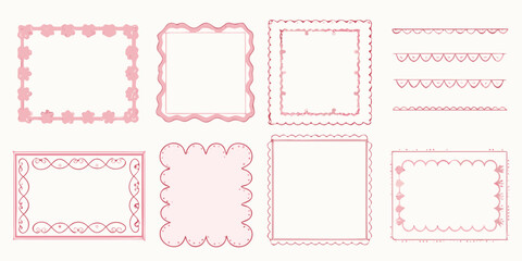Collection of decorative hand drawn pink borders and frames with floral and scalloped designs