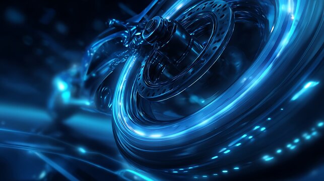 A close up of a motorcycle wheel with blue lighting and dark background in a futuristic style - Powered by Adobe