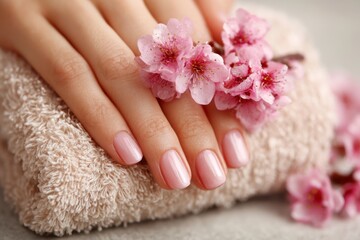 A hand rests on a folded towel adorned with pink cherry blossoms Nails are manicured with a shiny pink polish