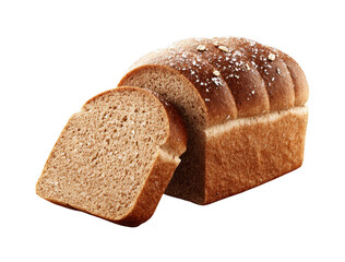 Freshly baked whole grain bread loaf with a single slice cut showcasing soft texture and seeds