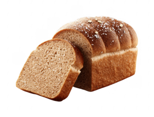 Freshly baked whole grain bread loaf with a single slice cut showcasing soft texture and seeds