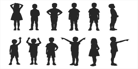 Collection of diverse children silhouettes in various poses and activities girl