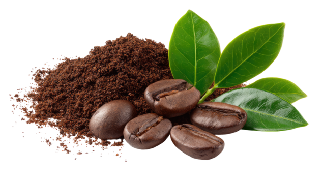 Coffee grounds and beans with leaves
