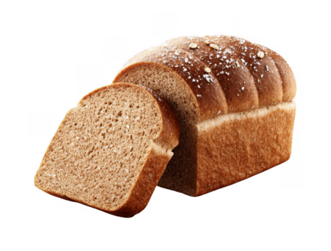 Freshly baked whole grain bread loaf with a single slice cut showcasing soft texture and seeds