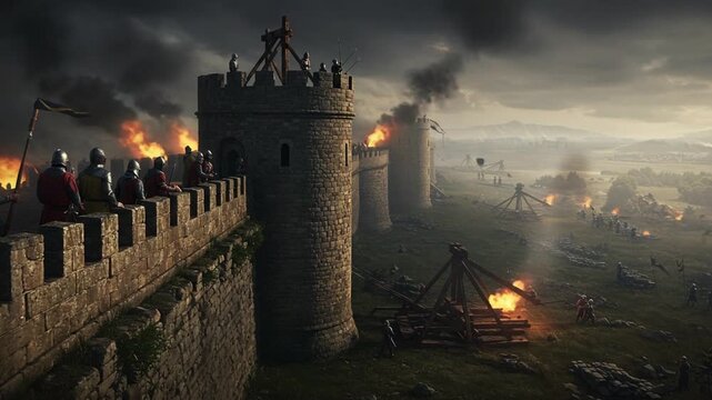 Medieval Siege with Warriors and Burning Landscape
