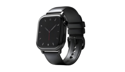 A sleek black smartwatch with a modern design, perfect for tracking fitness and staying connected on the go.