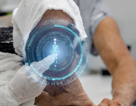 A futuristic medical scenario where AI technology analyzes patient data through holographic interfaces, representing innovation in healthcare.