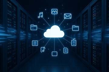 cloud computing technology concept, a network of data with cloud computing icons, illustrating a server room and a digital communication network