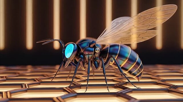 Metallic bee with glowing blue eyes on honeycomb surface