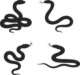 Obraz premium Four Black Snake Silhouettes in Different Coiled Poses on White Background snakes reptile