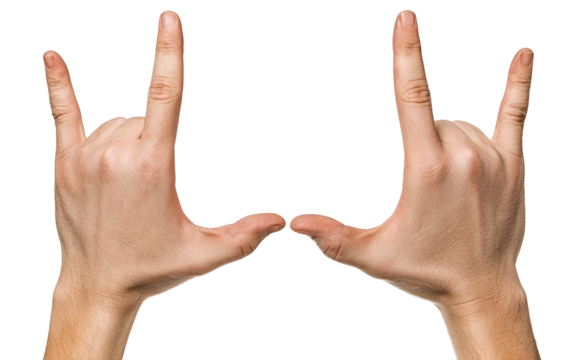 Hands making a 'rock on' gesture, symbolizing enthusiasm and excitement. Perfect for conveying energy and passion in visuals.
